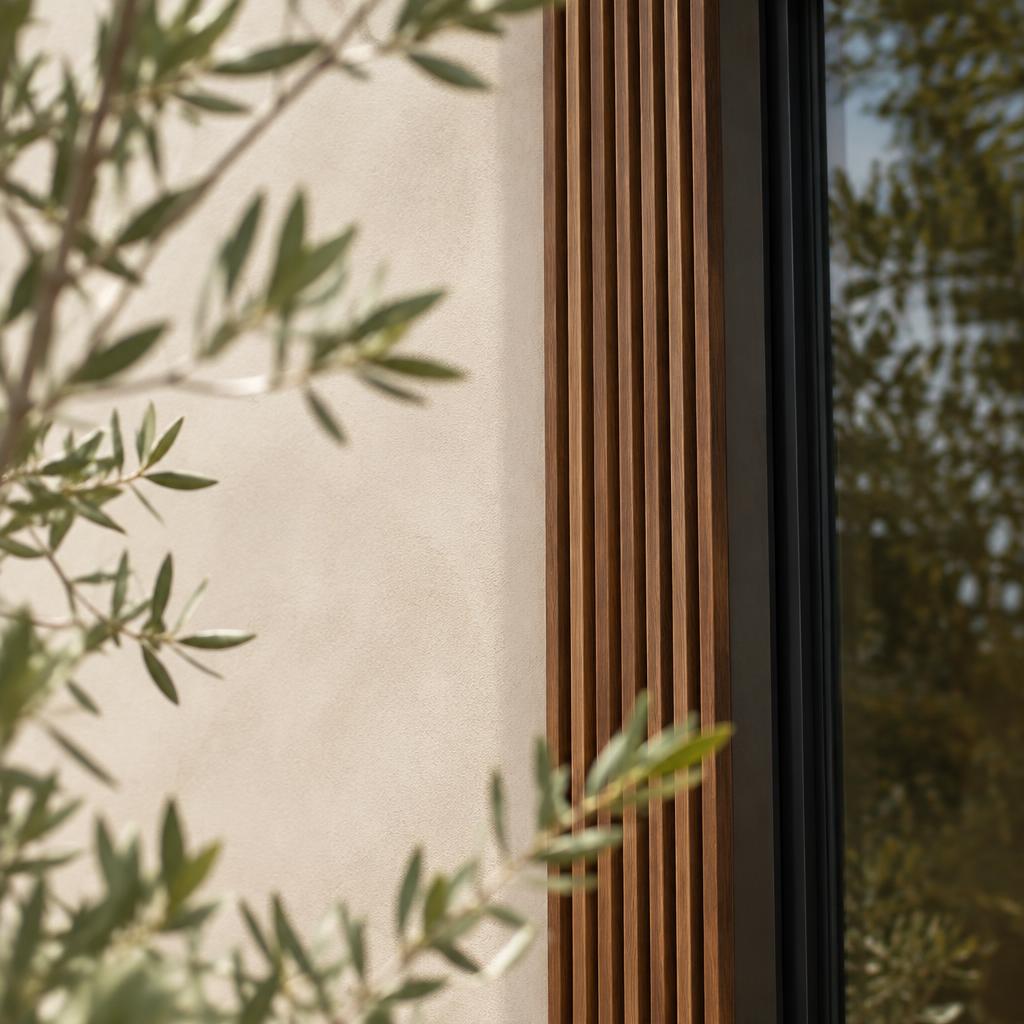 Fassadendetail mit Holzlamellen und Begrünung (Beispielmotiv)